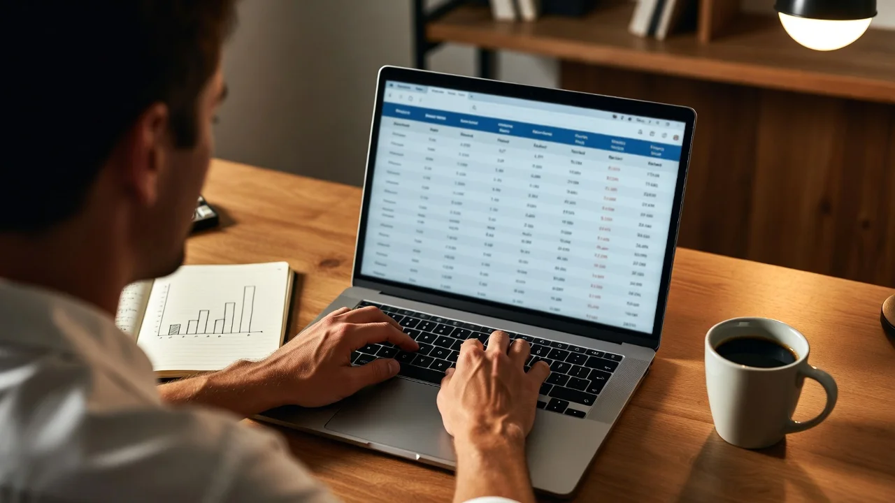Persona che analizza statistiche di cricket su un laptop con appunti e grafici sul tavolo