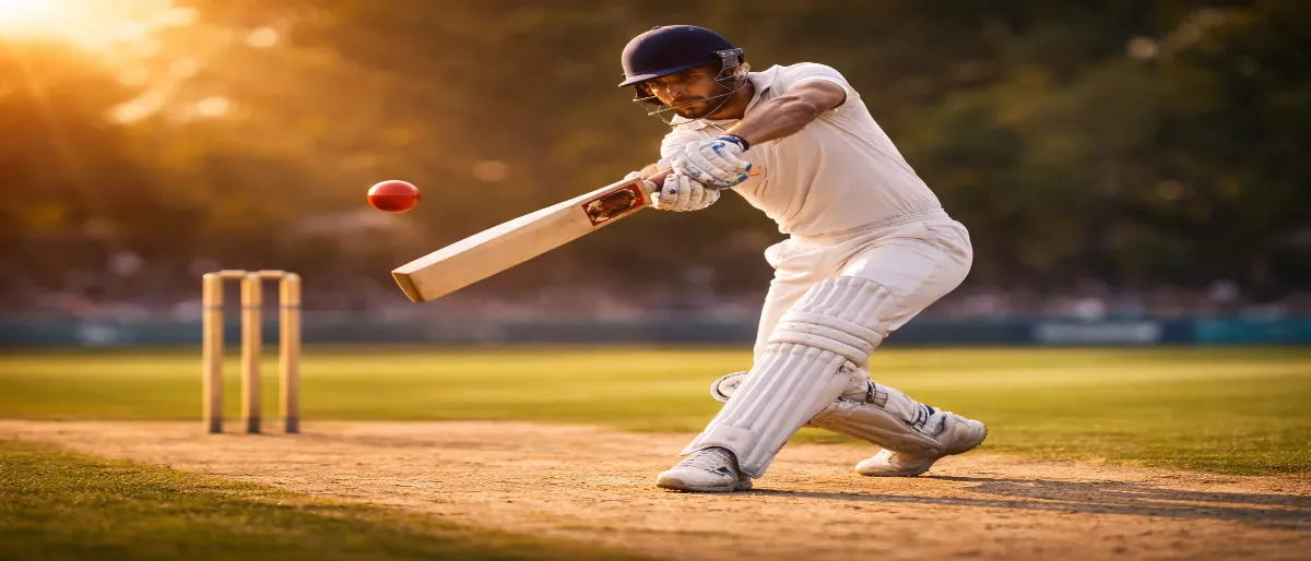 Battitore di cricket in azione durante una partita su un campo verde sotto le luci dello stadio