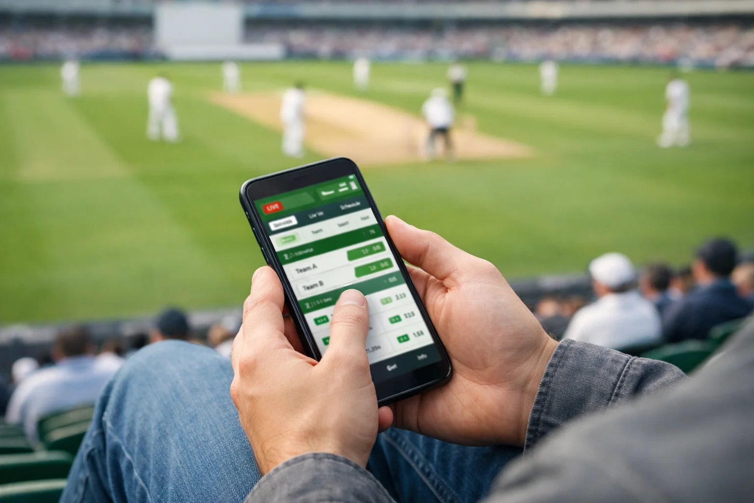 Tifoso segue una partita di cricket dal vivo sullo smartphone mentre è seduto in tribuna