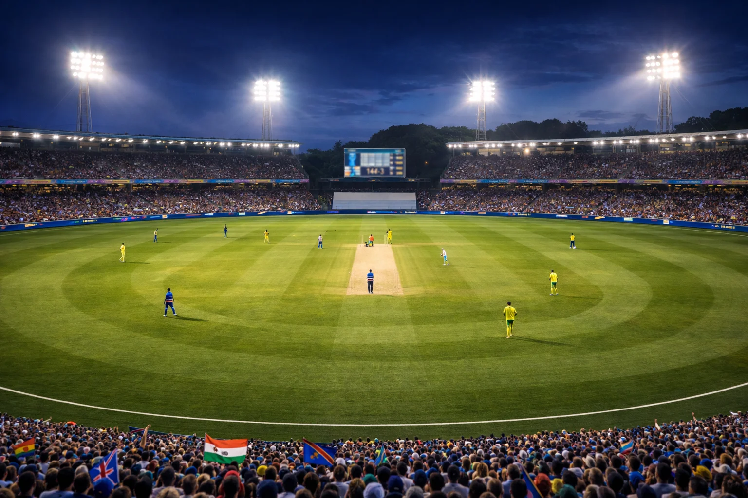 Stadio di cricket pieno di spettatori durante una partita T20 serale con riflettori accesi