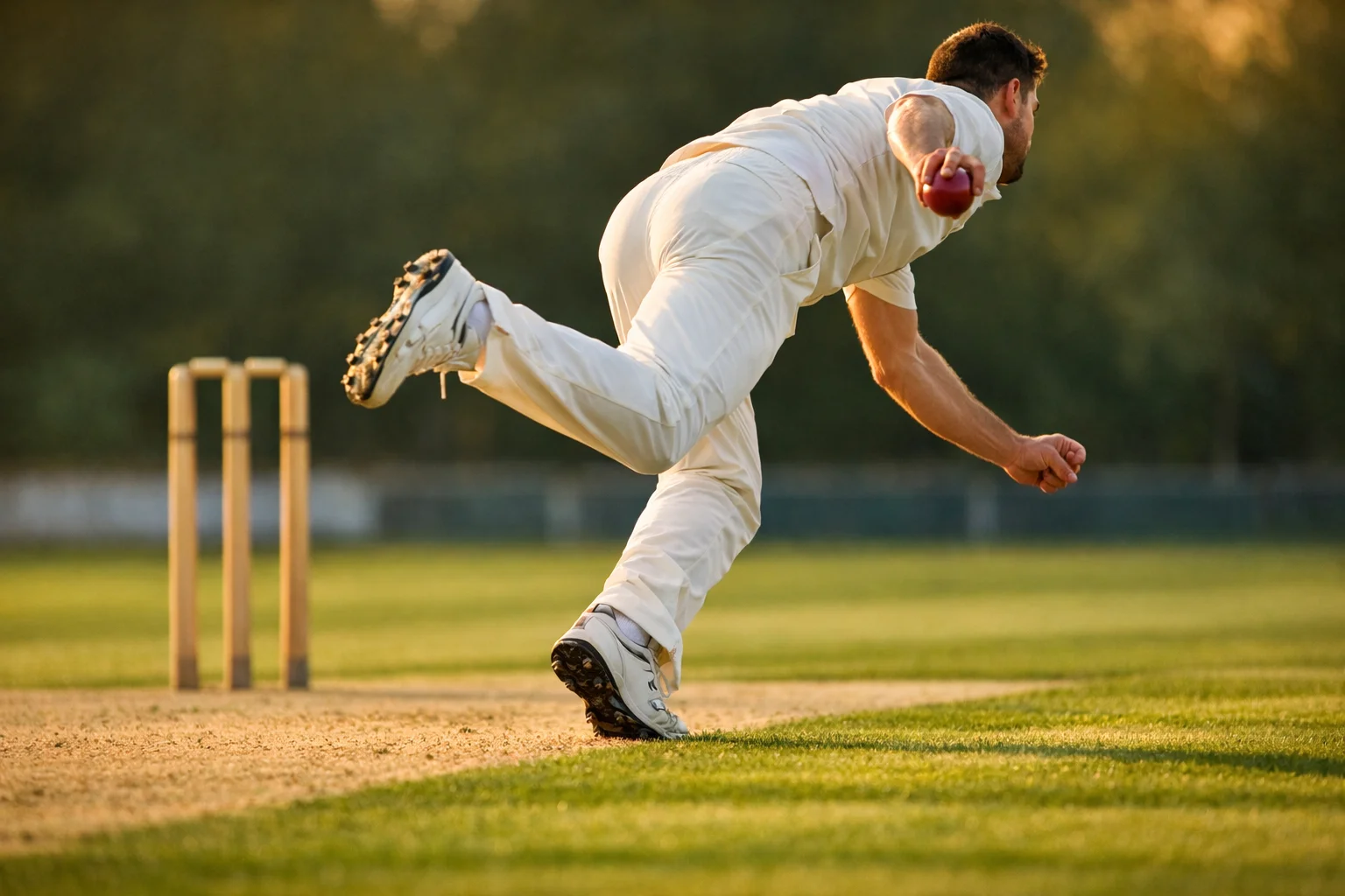 Giocatore di cricket che lancia la palla sul campo in erba durante una partita