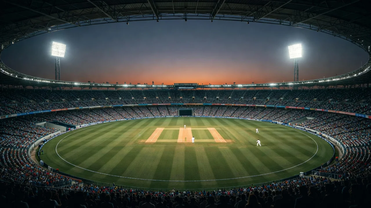 Stadio di cricket illuminato durante una partita serale con pubblico sugli spalti