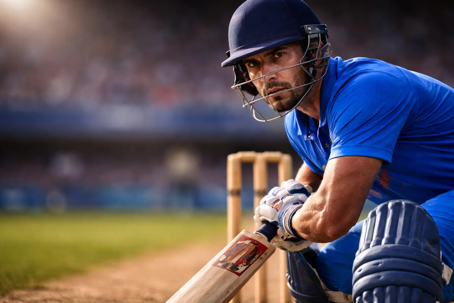 Primo piano di un battitore di cricket concentrato prima del lancio sul pitch