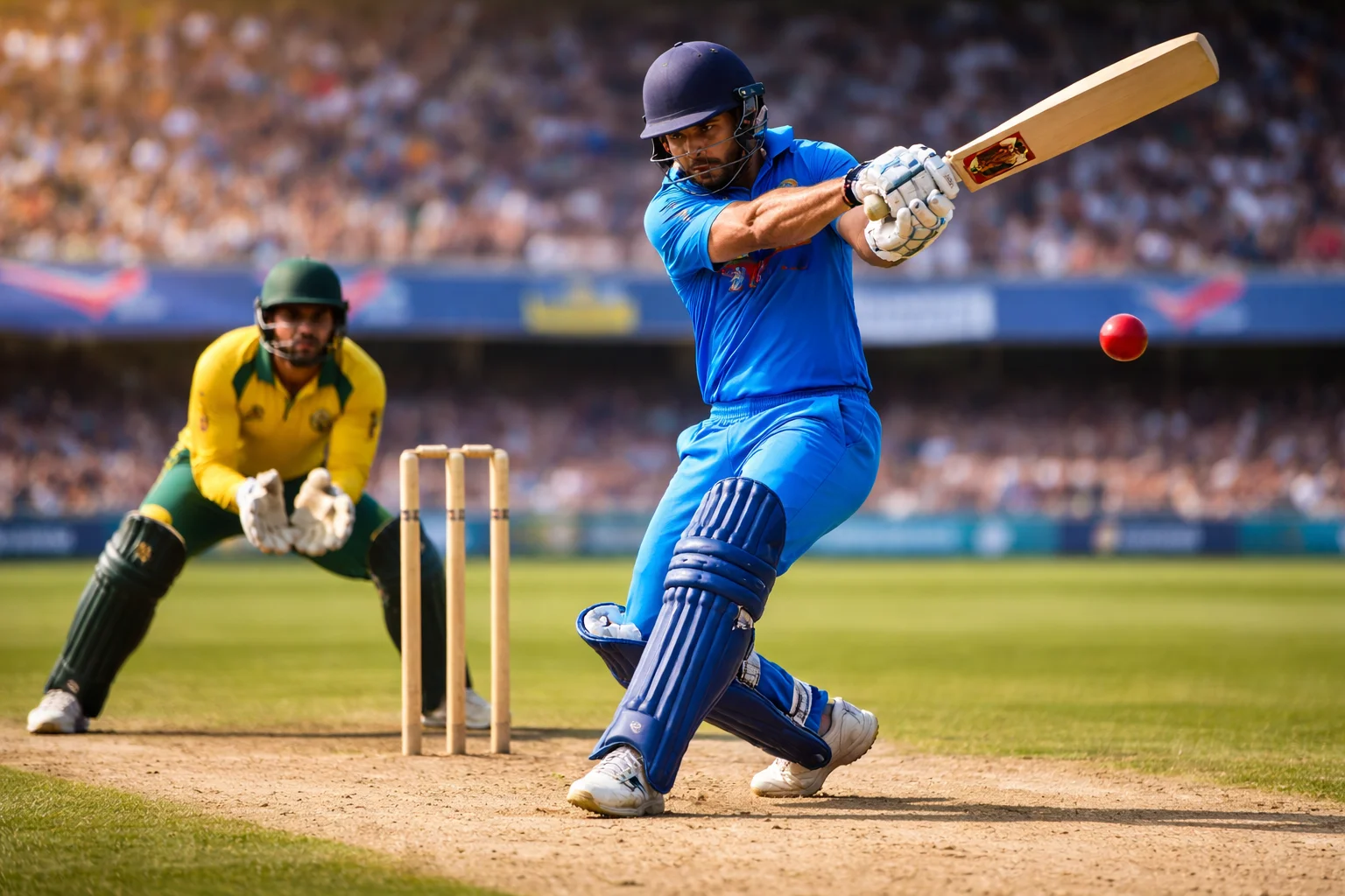 Battitore di cricket in azione durante un torneo internazionale su campo in erba